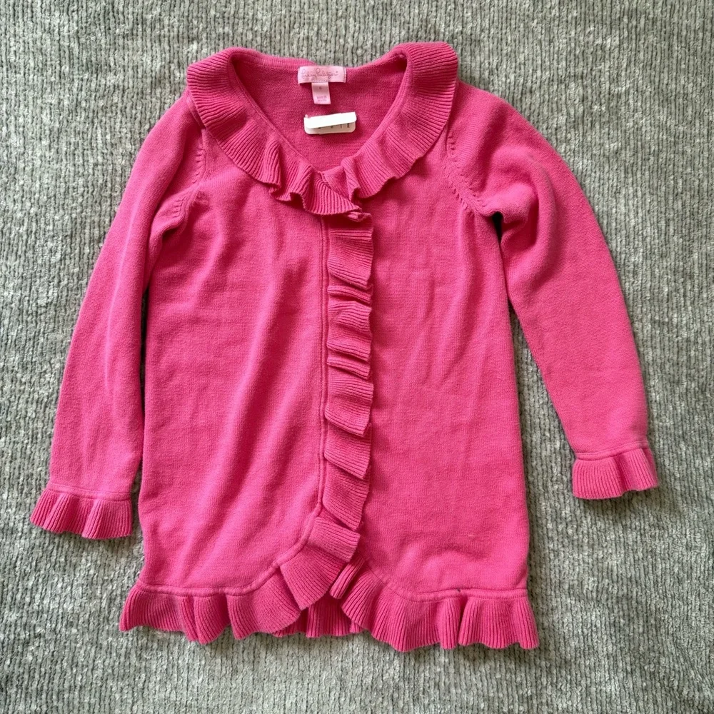 Lilly Pulitzer Girls 6 Pink Ruffle Trim Cardigan Sweater‎ 100% Cotton